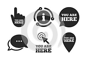 You are here icons. Info speech bubble sign. Vector