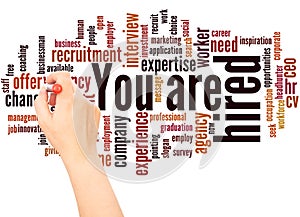 You are hired word cloud hand writing concept