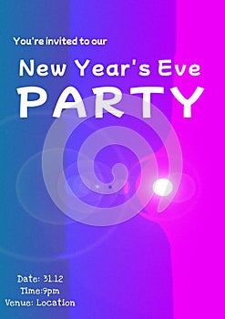 You are invited to our new year\'s eve party text in white over purple and blue bands and lights