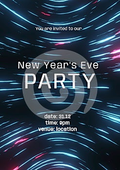 You are invited to our new year\'s eve party text in white over swirling blue and pink lights