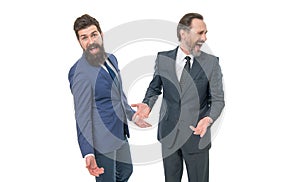 Are you kidding me. Men bearded wear formal suits. Well groomed business men laughing. Partnership and teamwork. Men