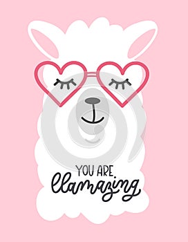 You are llamazing llama quote. Llama motivational and inspirational vector poster. Simple cute white llama drawing with lettering photo