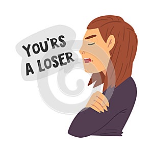 You Are a Looser, Teen Problem, Depressed Teenager Girl in Stressful Situation Vector Illustration