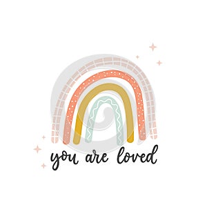 You are loved cute inspirational card with colorful rainbow and lettering photo