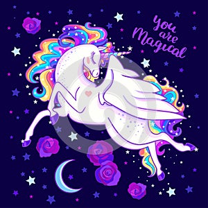 You are magical. Beautiful rainbow unicorn among the stars and roses. Vector.