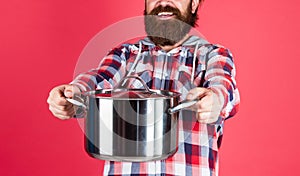 For you. mature chef in checkered shirt. prepare meal food at home. professional cook. bearded man hold kitchen pan