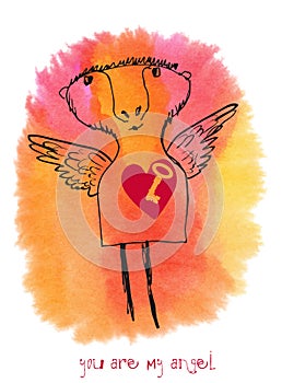 You are my angel. Drawn card on a watercolor background