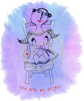 You are my angel. Romantic card on a watercolor background. Vector