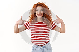 You need me. Proud boastful confident good-looking redhead curly stylish woman pointing herself suggest own candidature