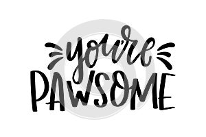 You`re awesome cute lettering isolated on white background with paws. Hand drawn quote for pet lovers. Cat or dog lover funny and