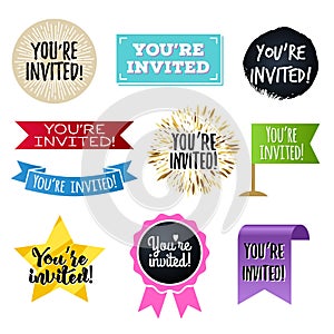 You`re invited badges set. Invitation design.