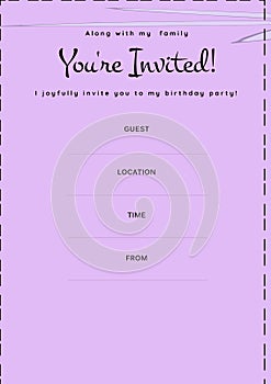 You\'re invited message in black with floral detail, birthday invite with details space on lilac