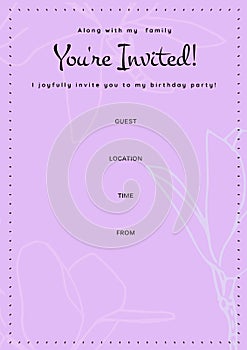 You\'re invited message in black with floral outline, birthday invite with details space on lilac