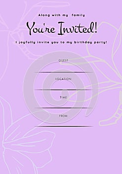 You\'re invited message in black with floral outline, birthday invite with details space on lilac