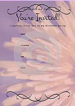 You\'re invited message in black with flower, invite with details space on purple background