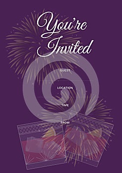 You\'re invited written in white with drinks design, invite with details space on purple background