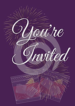 You're invited written in white with pale fireworks and two drinks on invite with purple background