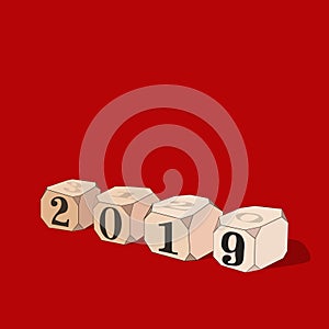 You`re new year`s eve. Dice with numbers 2019 on red background.