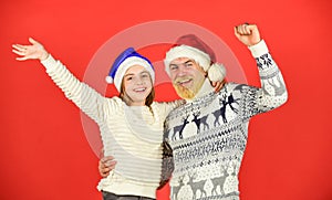 Are you ready. funny knitted sweater. father and daughter celebrate christmas. xmas party together. they love family