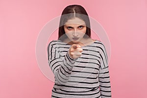 Are you ready? Portrait of angry displeased bossy woman in striped sweatshirt scolding for misbehavior with warning finger