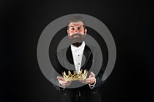 For you. reward for business success. Top manager. King of style. bearded man wear golden crown. elegant man in formal