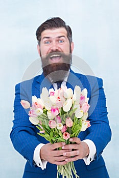 This is for you. Spring is coming. Greetings. Bearded man tulip bouquet. Womens day. March 8. Spring gift. Bearded man
