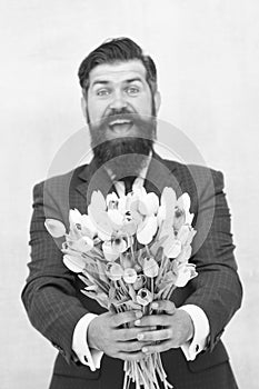 This is for you. Spring is coming. Greetings. Bearded man tulip bouquet. Womens day. March 8. Spring gift. Bearded man