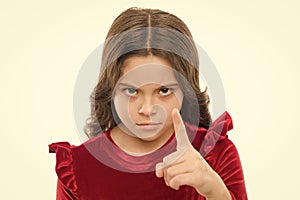 You are warned. Girl kid threatening with fist isolated on white. Strong temper. Threatening with physical attack. Kids