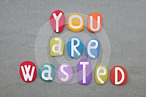 You are wasted, creative t-shirt design text composed with multi colored stone letters over green sand