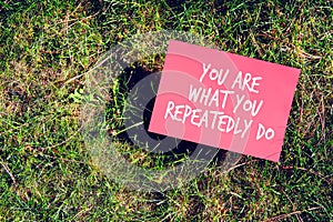 You are what you repeatedly do quote written on paper on grass background