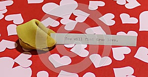 `You will find true love` message in fortune cookie on red background covered with harts