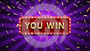 You win banner. Winner congratulations frame, golden win congratulating framed sign and winning gold confetti vector