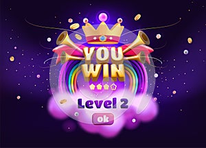 You win game popup banner, level complete badge screen