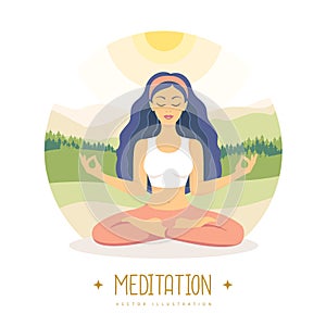 Yound Woman meditation in lotus position on beautiful nature landscape.