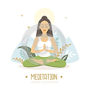 Yound Woman meditation in lotus position with floral elements and mountains.