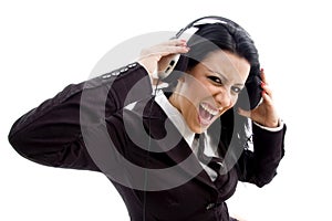 Young accountant wearing headphone