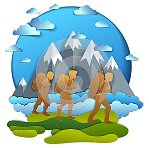 Young active family hiking to nature with mountain range, father, mother and son. Vector illustration of beautiful summer scenic