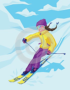 Young active woman skiing in mountains.