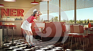 Young adorable girl, waitress in retro style clothes and rollers holding food tray and delivering to clients over 3D