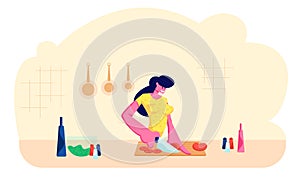 Young Adorable Woman Chopping Vegetables. Happy Female Character Cooking on Kitchen at Home Preparing Delicious and Healthy Food
