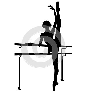 Young adult ballet dancer trains on one leg, dances a choreography at a freestanding ballet facility Ballett Barre, freestanding b