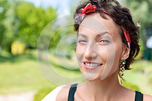 Young adult beautiful happy attractive caucasian brunette woman portrait have fun enjoy excited telling whisper secret