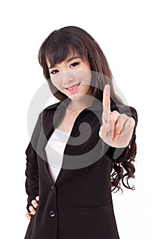 Young adult business woman showing one finger, number 1