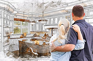 Young Adult Couple Facing Custom Kitchen Drawing Design Details