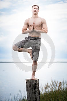 Young Adult Doing Yoga on a Stump in Nature