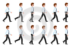 Young, adult eyeglasses man walking sequence poses vector illustration. Moving forward, fast, slow going person cartoon character