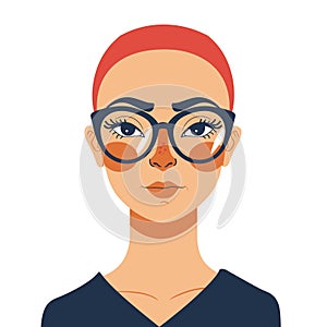 Young adult female, red hair, big glasses, confident stare, freckles, serious expression. Bold