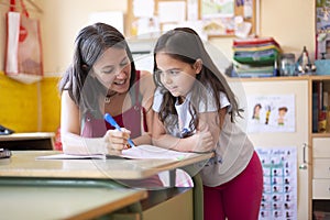 Young adult female teacher teaching a pupil in class