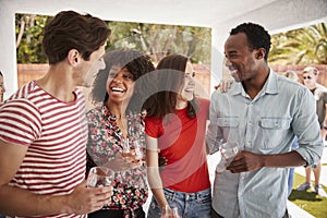 Young adult friends talking at a backyard party