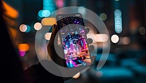 A young adult holding a smart phone photographs city nightlife generated by AI